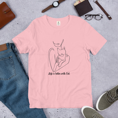 猫tシャツ ねこ 猫イラスト Life is better with cat｜アダルト&キッズサイズ