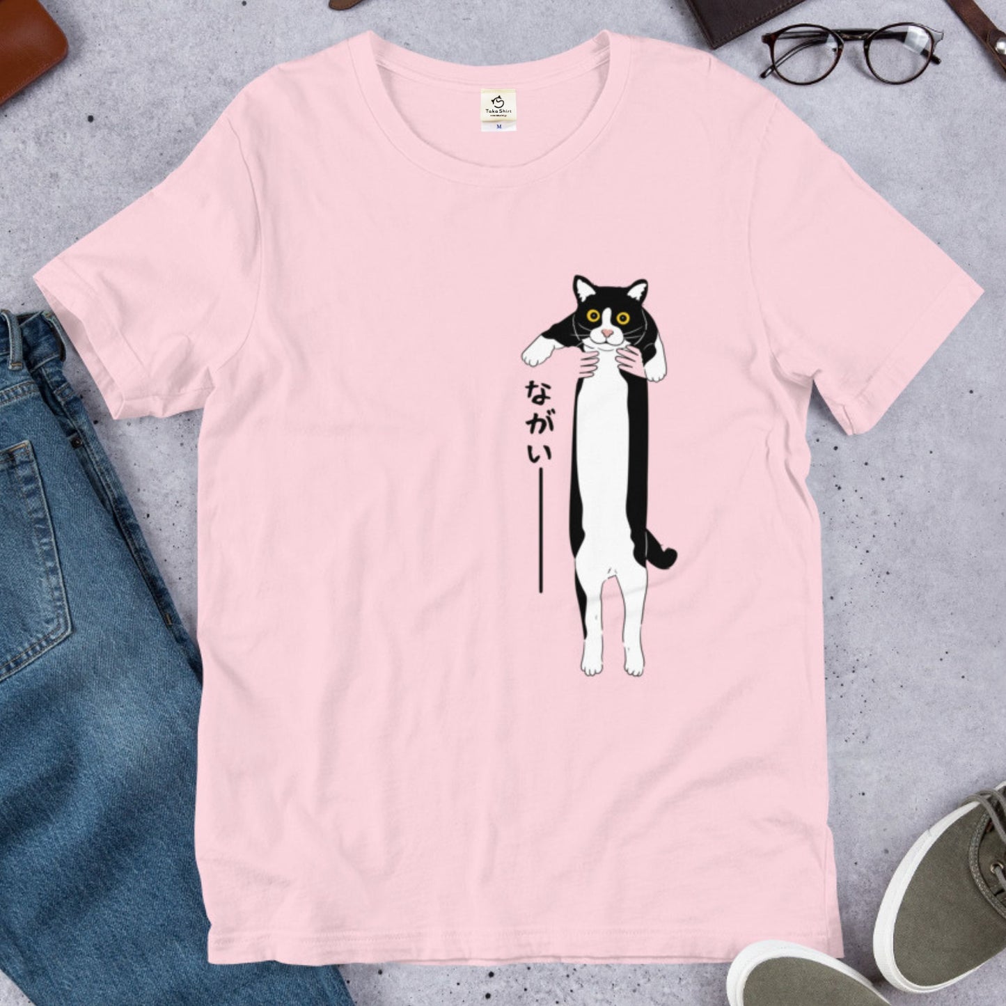 猫tシャツ ねこ 猫イラスト おもしろ tシャツ かわいい ハチワレ猫 ながいー｜アダルト&キッズサイズ.